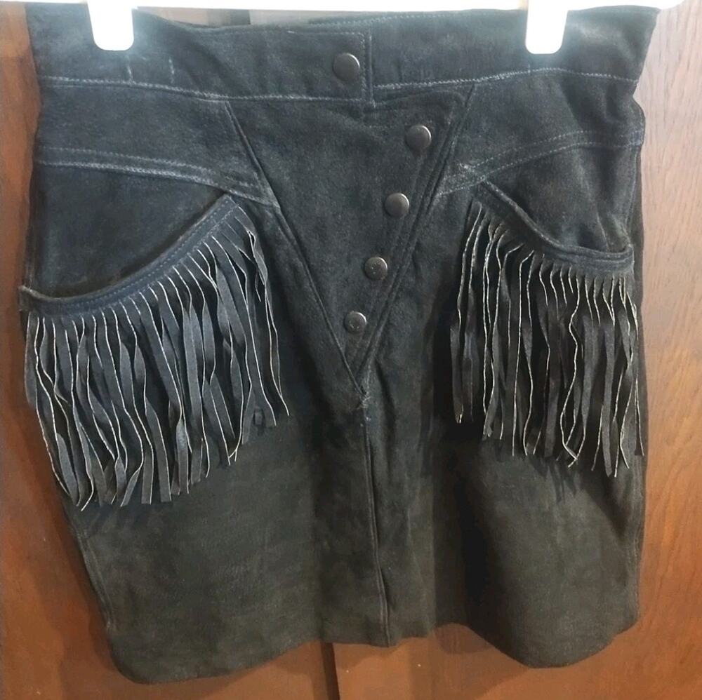 Black Suede Fringe Skirt Small Sz 6 Western Cowgirl length 19.5" 28 Waist G-III